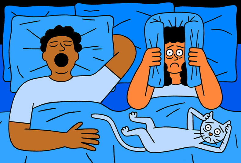 coppia a letto dove lui russa e lei si tappa le orecchie con il cuscino