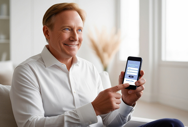 Uomo con smartphone effettua prenotazione online