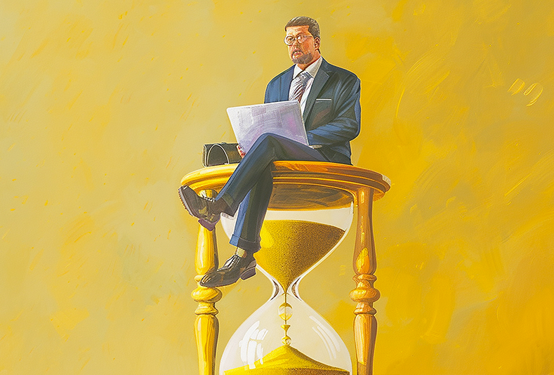 Illustrazione di un uomo seduto su una clessidra