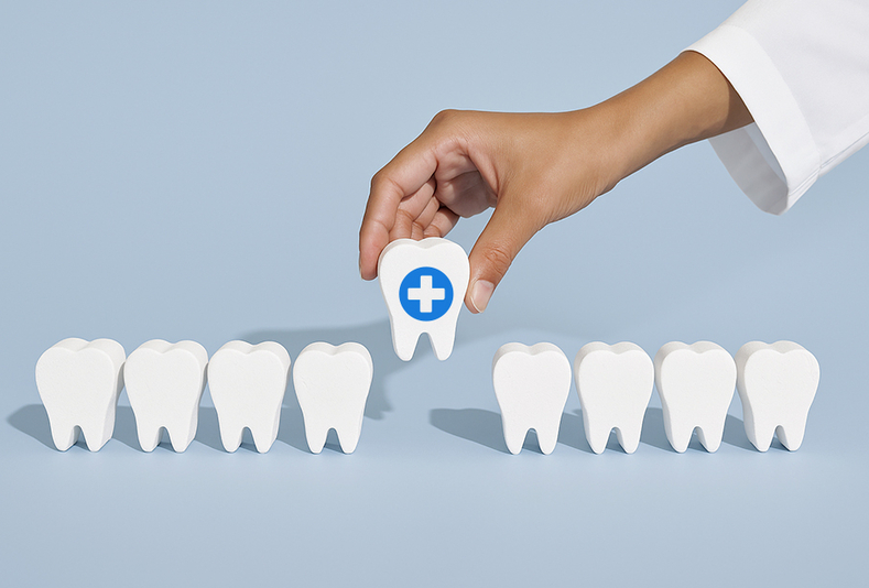 denti in fila con mano del medico