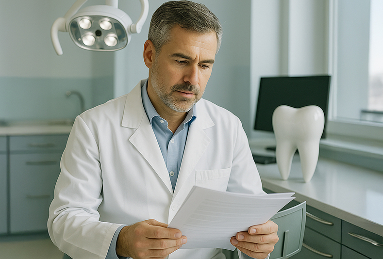 Odontoiatra con plico di fogli in mano