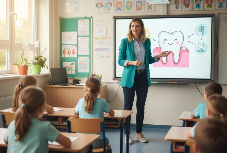 Maestra in aula che educa bambini sulla salute orale