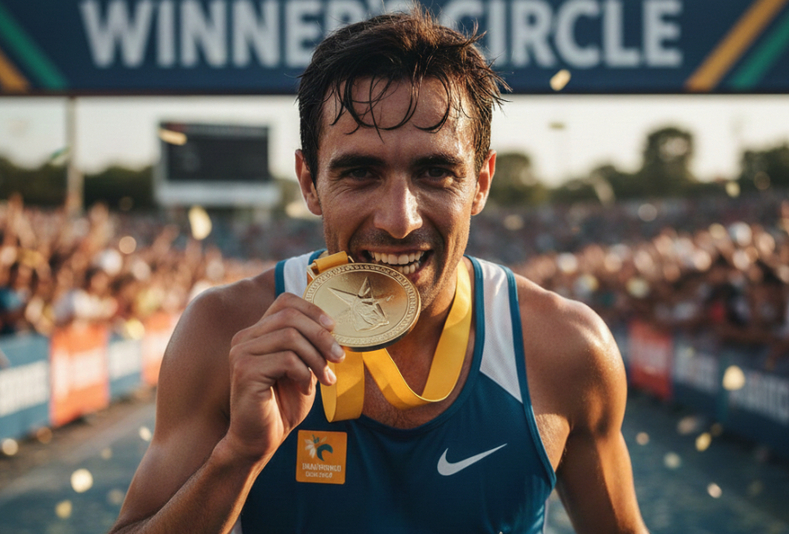 Atleta con medaglia in bocca