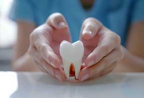 modellino di dente tra le mani