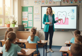 Maestra in aula che educa bambini sulla salute orale