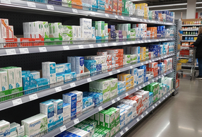 Scaffale con dentifrici e prodotti per l'igiene dentale