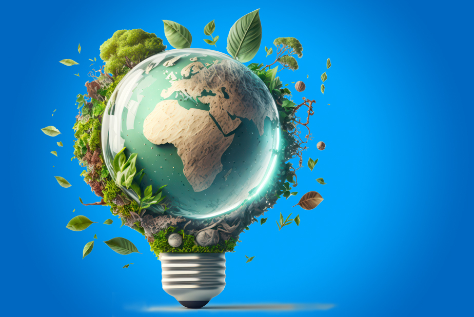 Lampadina con il mondo su sfondo blu