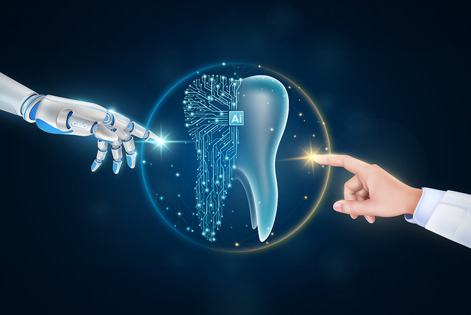 Mano umana e mano robotica che si avvicinano ad un dente digitale