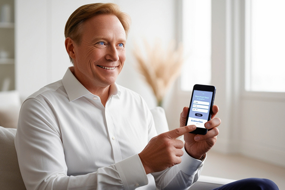 Uomo con smartphone effettua prenotazione online