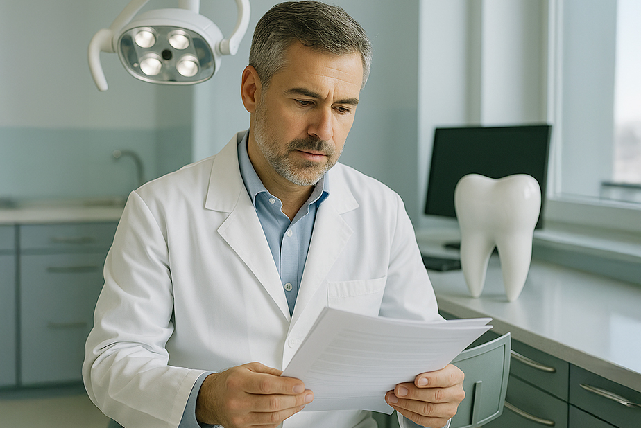 Odontoiatra con plico di fogli in mano