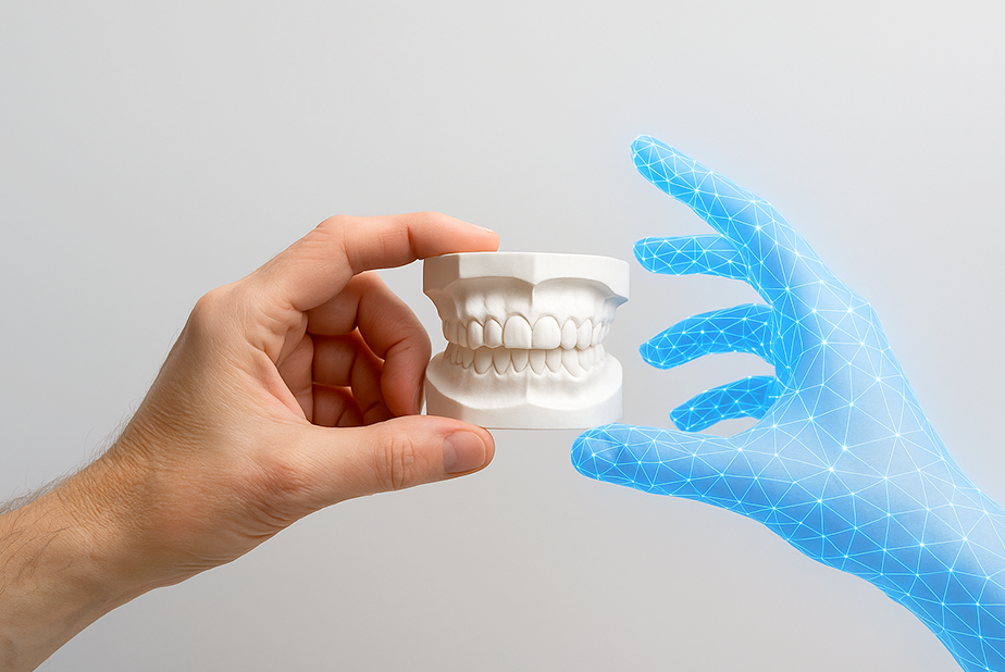 mano umana con protesi e mano digitale