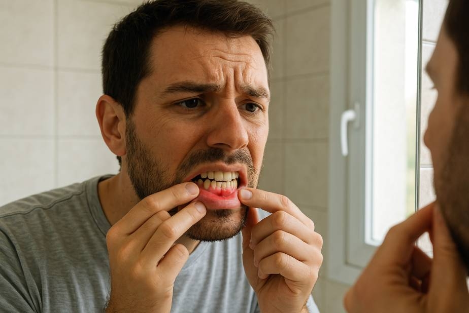 uomo che si guarda le gengive