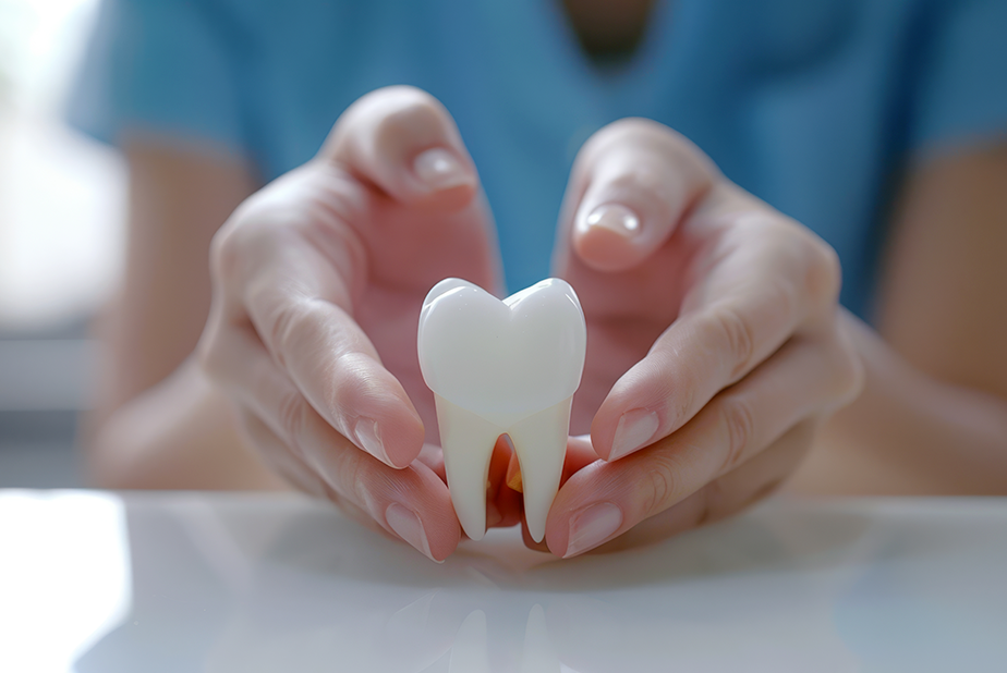 modellino di dente tra le mani