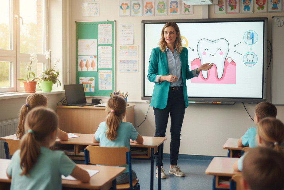 Maestra in aula che educa bambini sulla salute orale