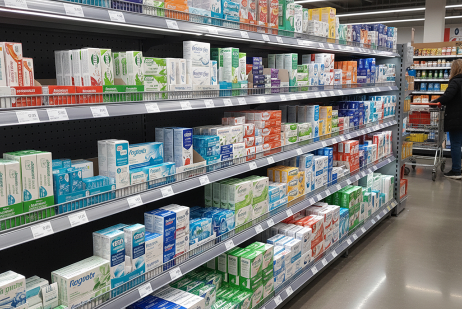 Scaffale con dentifrici e prodotti per l'igiene dentale